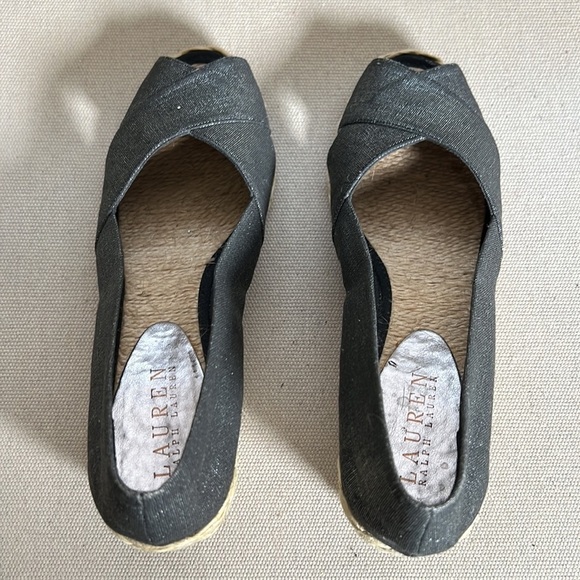 Lauren RL Cecilia open toe black with silver canvas sparkle Espadrilles wedge 7B - Picture 5 of 10